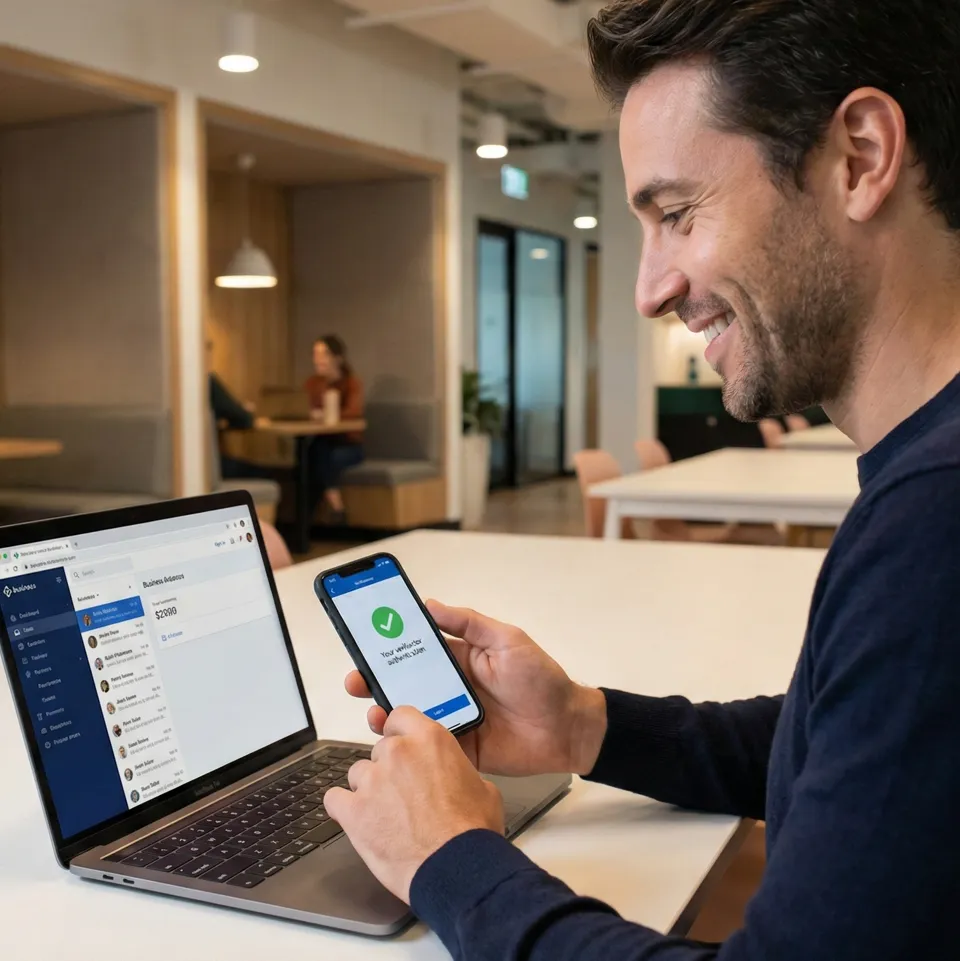 Un hombre sonríe confiado en una oficina moderna mientras utiliza la Autenticación Multifactor