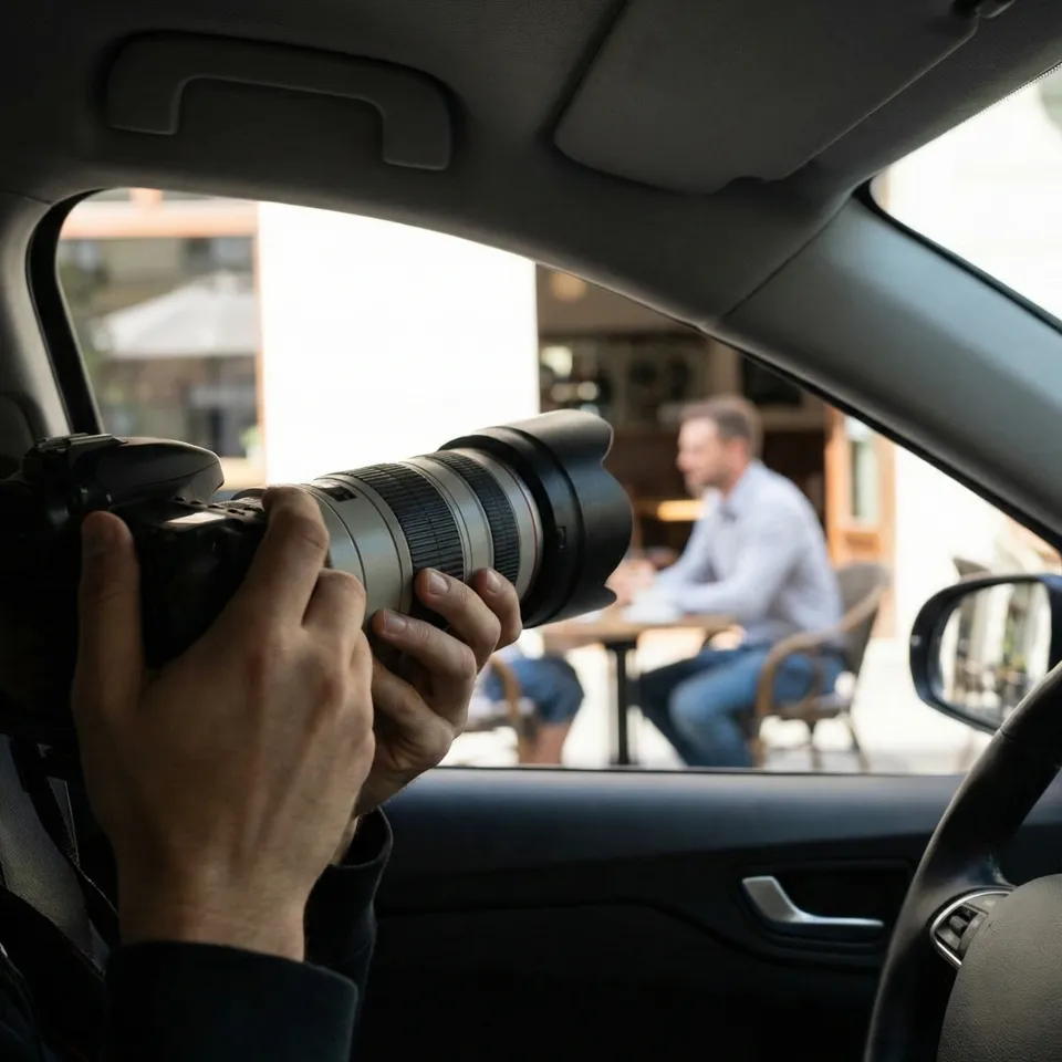 Se muestra el punto de vista del investigador, que observa desde un vehículo a una persona en un espacio público (una terraza)