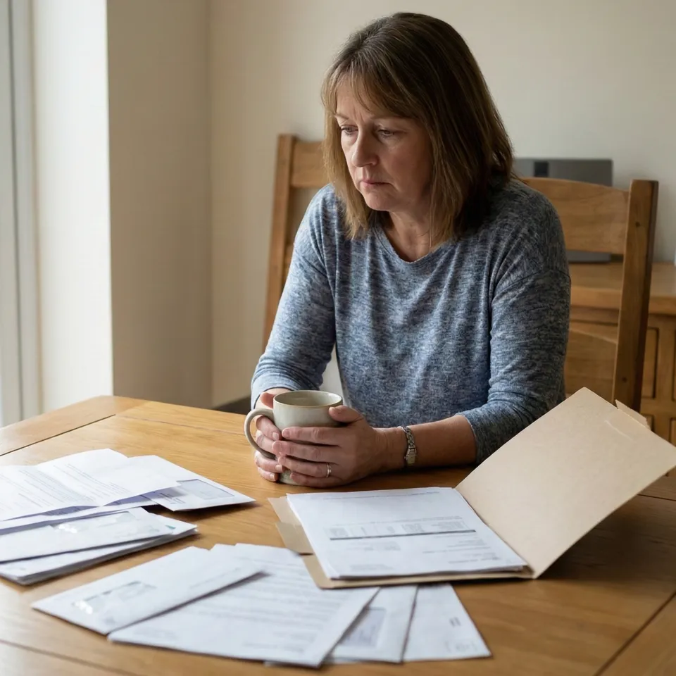 Una mujer de mediana edad, en un entorno doméstico, parece abrumada y triste mientras está rodeada de papeleo